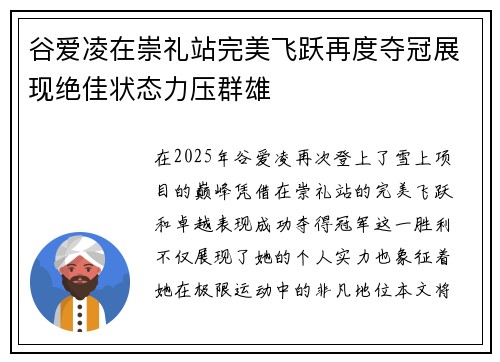 谷爱凌在崇礼站完美飞跃再度夺冠展现绝佳状态力压群雄